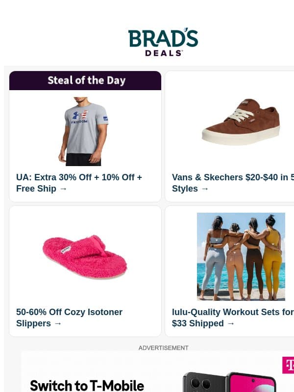 Extra 30% + 10% Off UA | $20 Vans | 50% Off Isotoner Slippers | $33 2pc Workout Sets | $20 Moissanite Studs | $85 Papasan Chair & More email from Brad's Deals