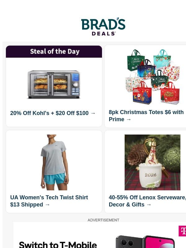 20% Off Kohl's | $6 Christmas Tote Set | $13 UA Tech Twist Shirt | 55% Off Lenox | 20% Off Shoes & Boots | $34 LEGO Friends & More email from Brad's Deals