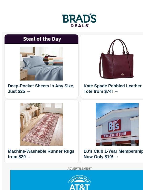$25 Sheet Sets | $74 Kate Spade Tote | $20 Runner Rugs | $10 BJ's Membership | $9 Bath Mat | $16 Old Navy Jeans & More email from Brad's Deals