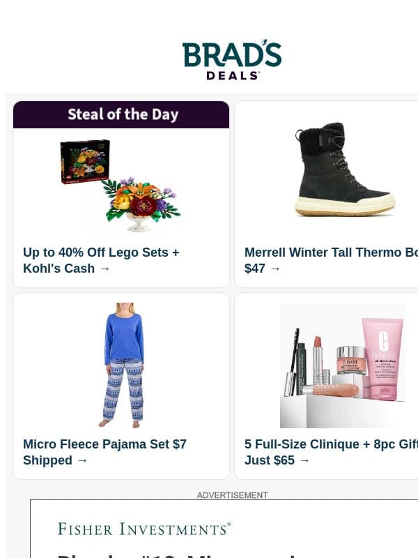 40% Off Lego Sets | $47 Merrell Winter Boots | $7 Pajama Set | $65 Clinique Beauty Bonus | $15/Mo. T-Mobile Line | $136 Shark Hair Dryer & More email from Brad's Deals
