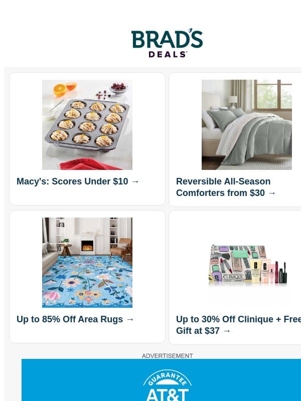 $10 Macy's Steals | $30 Reversible Comforters | 85% Off Area Rugs | Clinique Gift with $37 | 75% Off Lucky Brand | $60 New Balance & More email from Brad's Deals