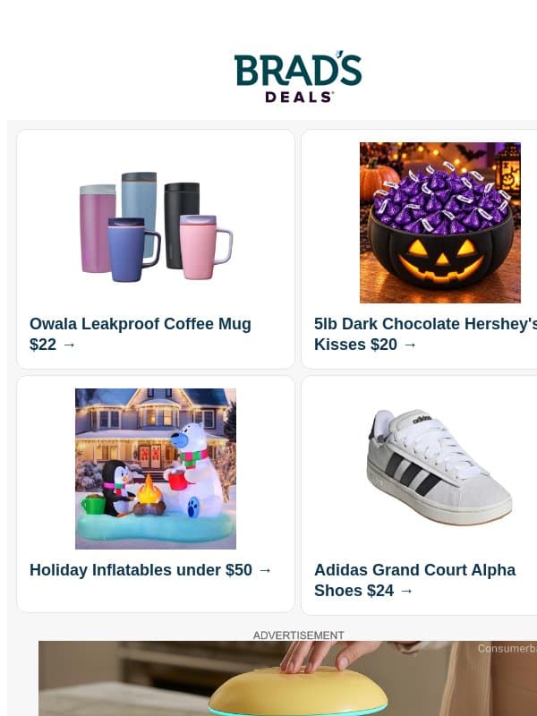 $22 Owala Mug | $20 5lb Hershey's Kisses | $50 Holiday Inflatables | $24 Adidas Shoes | $15 3pk Leaf Bags | $30 Off UGG Shoes & More email from Brad's Deals