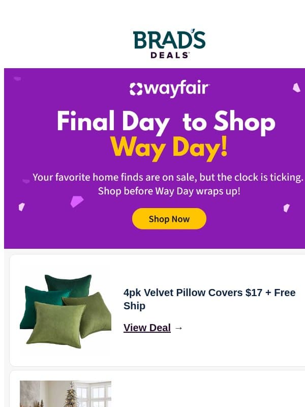 ⏰Last Chance: Way Day Ends Tonight! email from Brad's Deals
