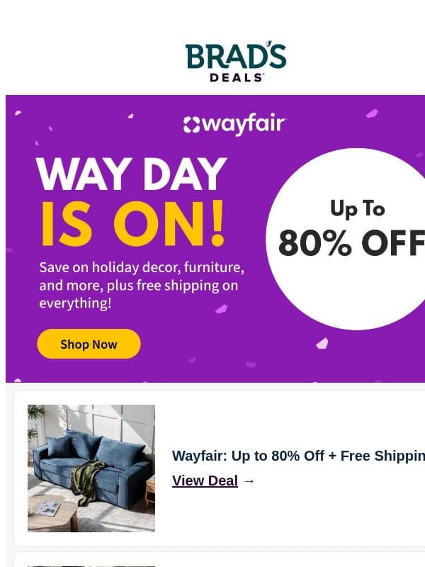 🚨 Way Day Starts NOW: Shop Huge Savings email from Brad's Deals