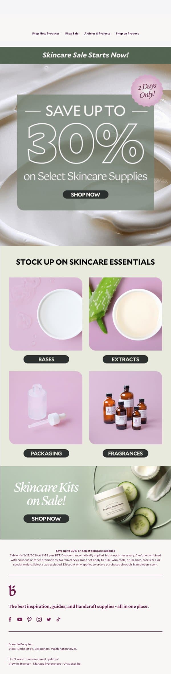 Save Up to 30% on Skincare Supplies! email from Bramble Berry screenshot