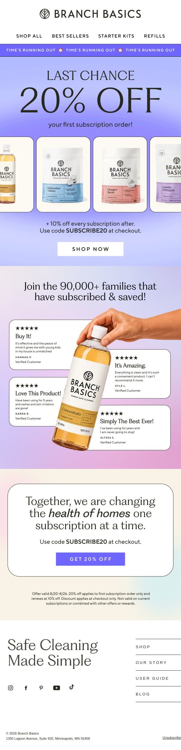 LAST CHANCE! 20% Off When You Subscribe TODAY email from Branch Basics screenshot