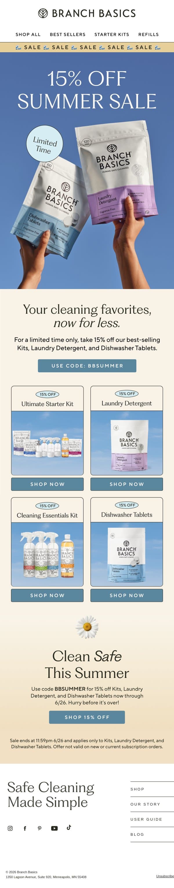LIMITED TIME: 15% OFF SUMMER SALE email from Branch Basics screenshot
