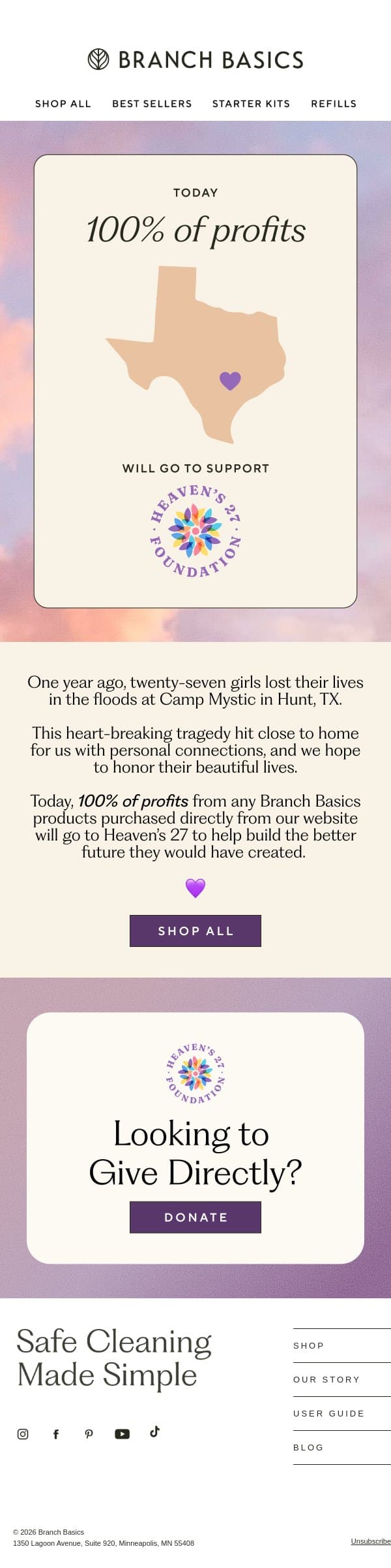 100% of Today’s Profits Go to Heaven’s 27 Foundation 💜 email from Branch Basics screenshot