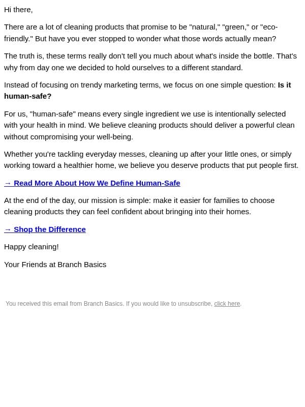 The truth behind "natural" products... email from Branch Basics screenshot