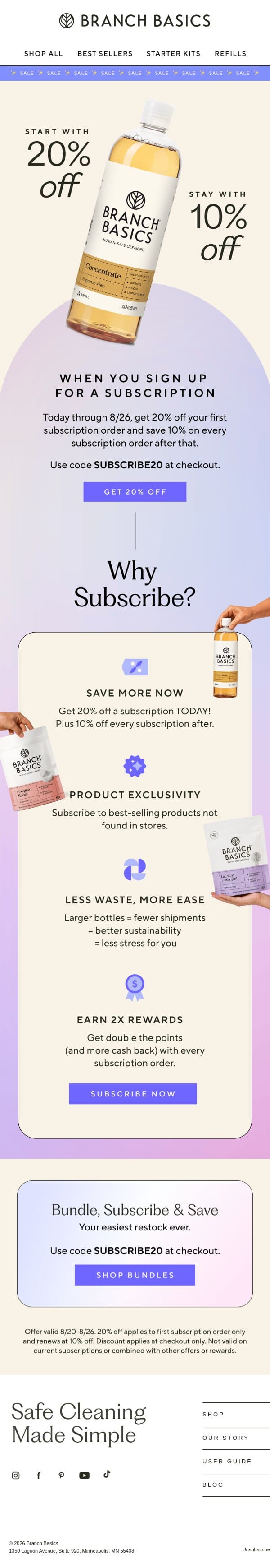 š„ SALE: 20% Off Your First Subscription email from Branch Basics screenshot