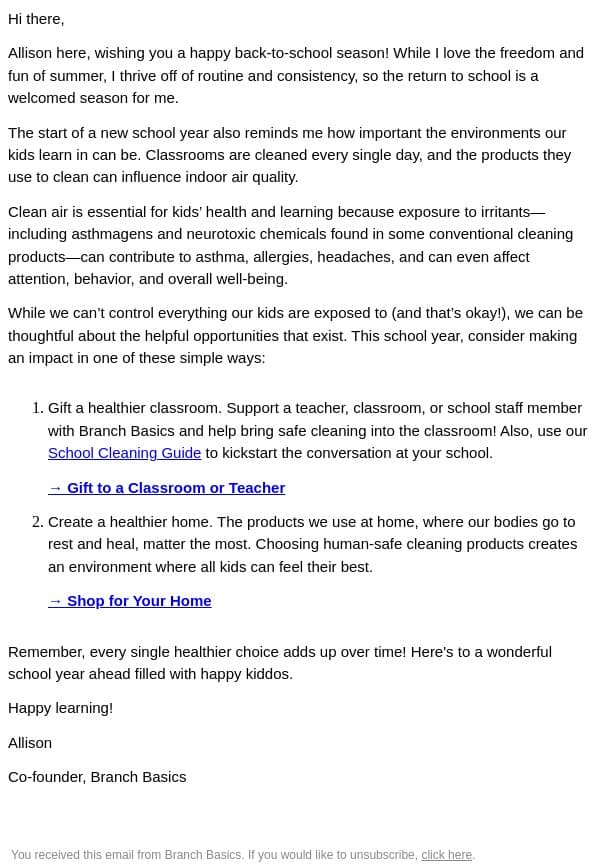 Healthy Classrooms for Happy Kids email from Branch Basics screenshot