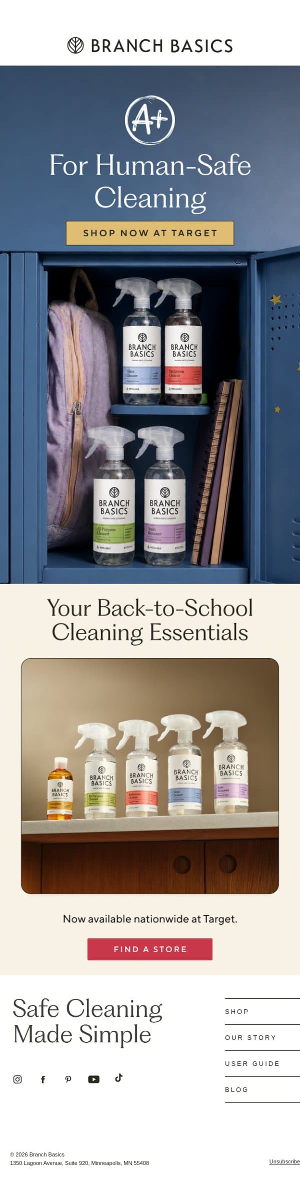 A+ For Human-Safe Cleaning email from Branch Basics screenshot