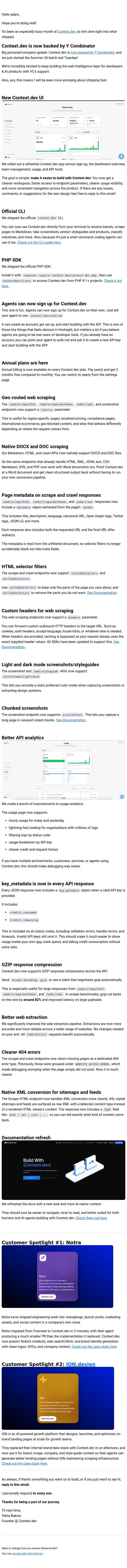 YC + New UI + Other updates email from Brand.dev screenshot