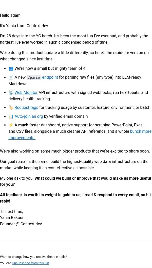 28 days into the YC batch, some updates! email from Brand.dev screenshot