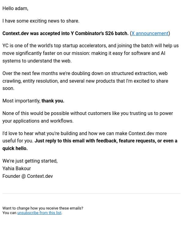 Context.dev is now backed by YCombinator email from Brand.dev screenshot