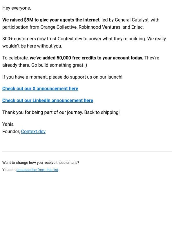 We raised $9M. You get 50,000 credits. email from Brand.dev
