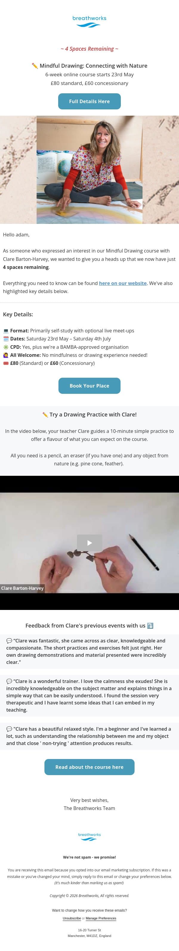 4 spaces remaining | Mindful Drawing course email from Breathworks Mindfulness screenshot