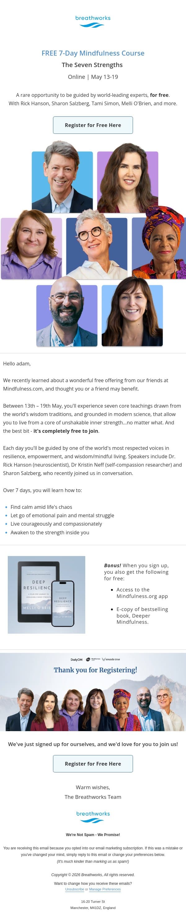 ✴️ FREE 7-Day Course on Building Inner Strength email from Breathworks Mindfulness screenshot