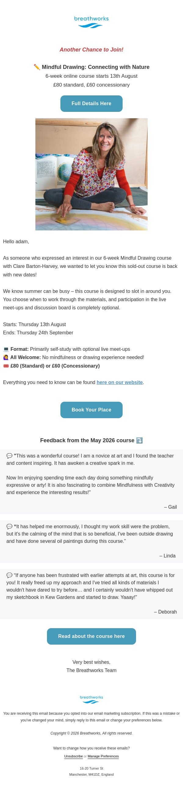 Another chance to join Mindful Drawing 🎨 email from Breathworks Mindfulness screenshot