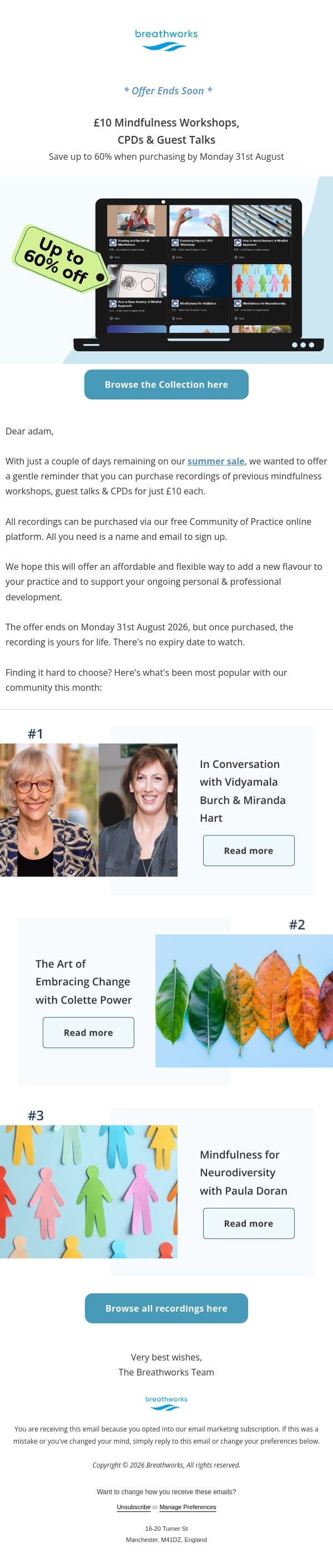 🌀 £10 mindfulness workshops | Sale ends soon email from Breathworks Mindfulness screenshot