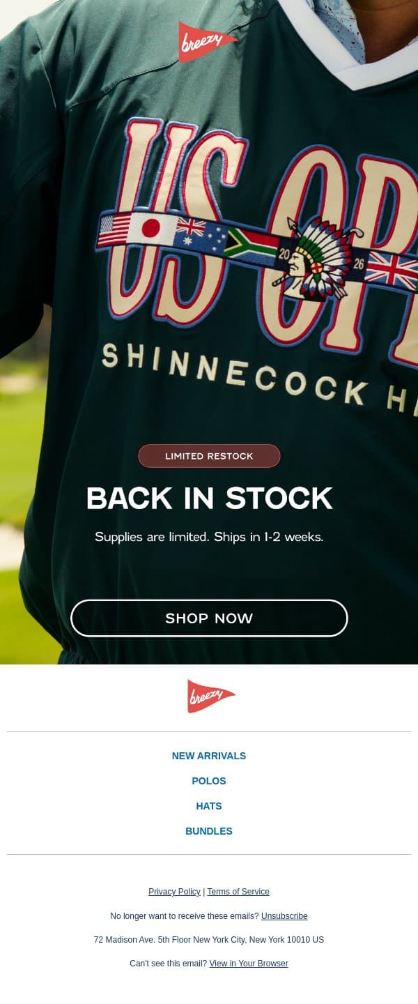 🚨U.S. Open Windbreaker Restocked🚨 email from Breezy Golf screenshot