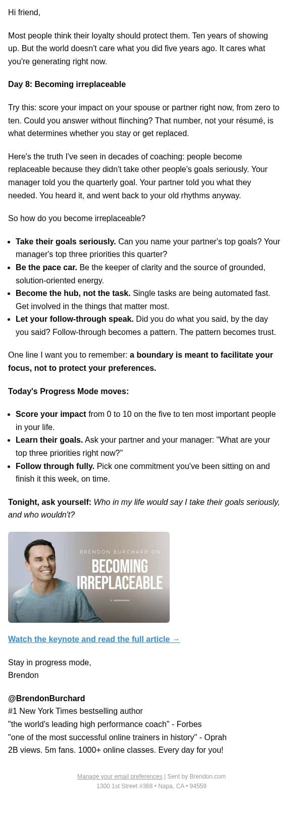 Day 8: How to become irreplaceable (at work and at home) email from Brendon Burchard screenshot