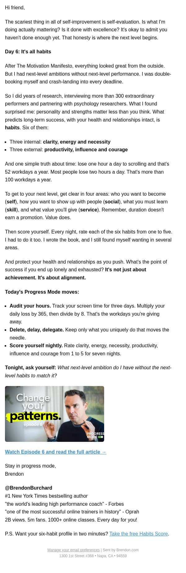 Day 6: It's all habits email from Brendon Burchard screenshot