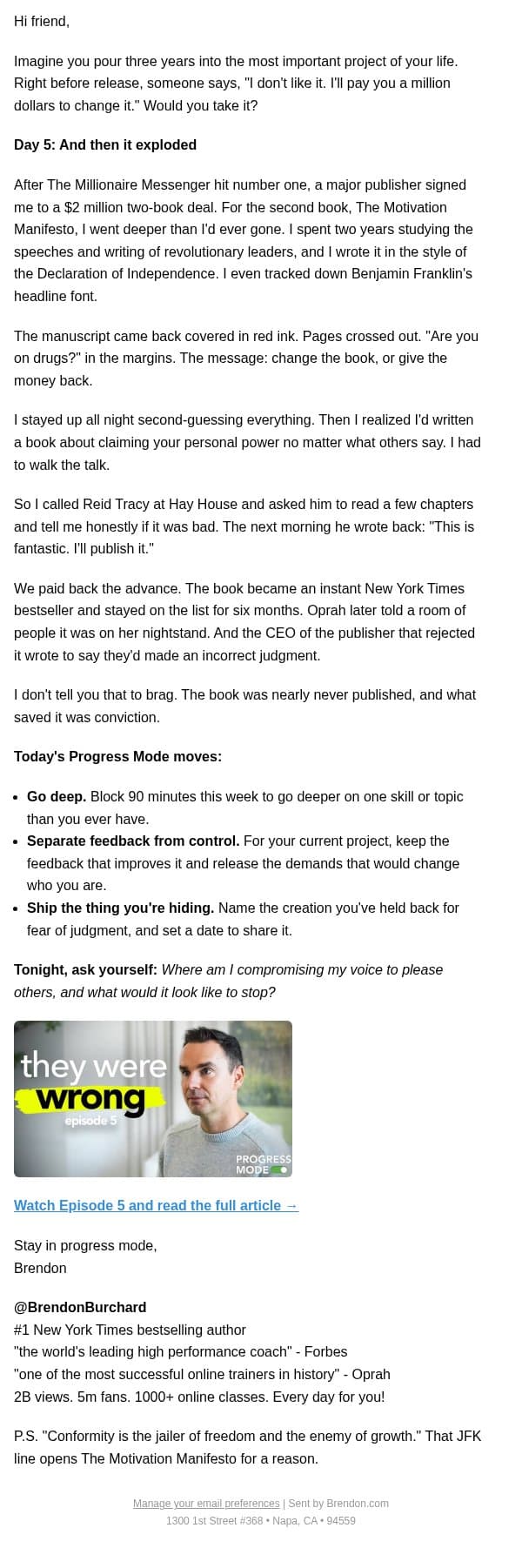 Day 5: They gave me $2 million, then hated the book email from Brendon Burchard screenshot
