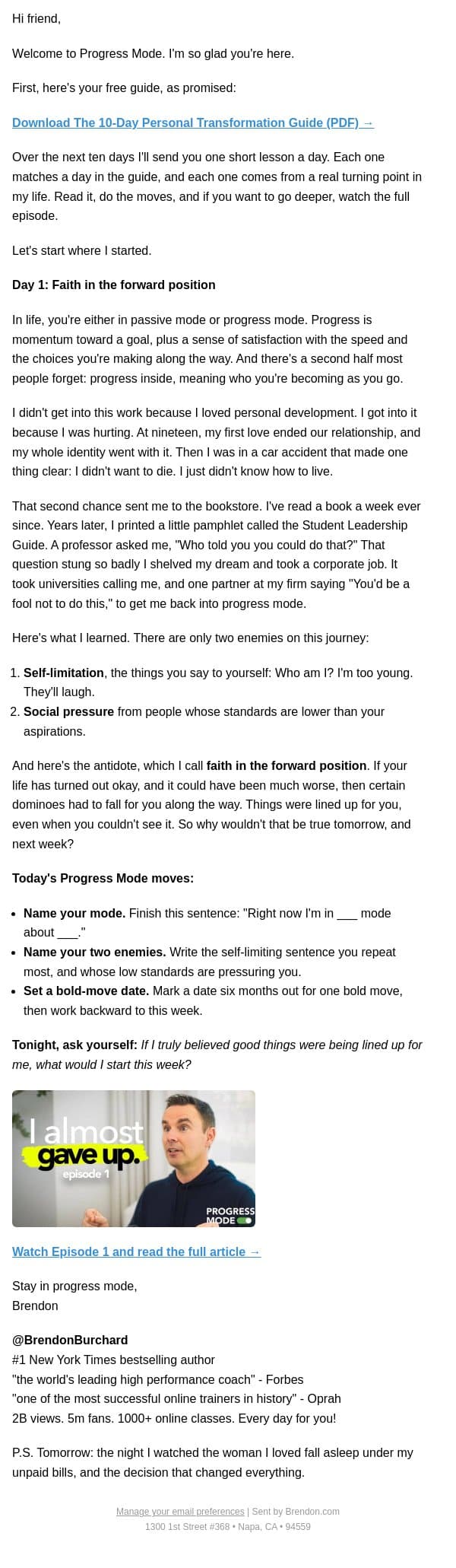 10-day Guide. Day 1: Faith email from Brendon Burchard screenshot