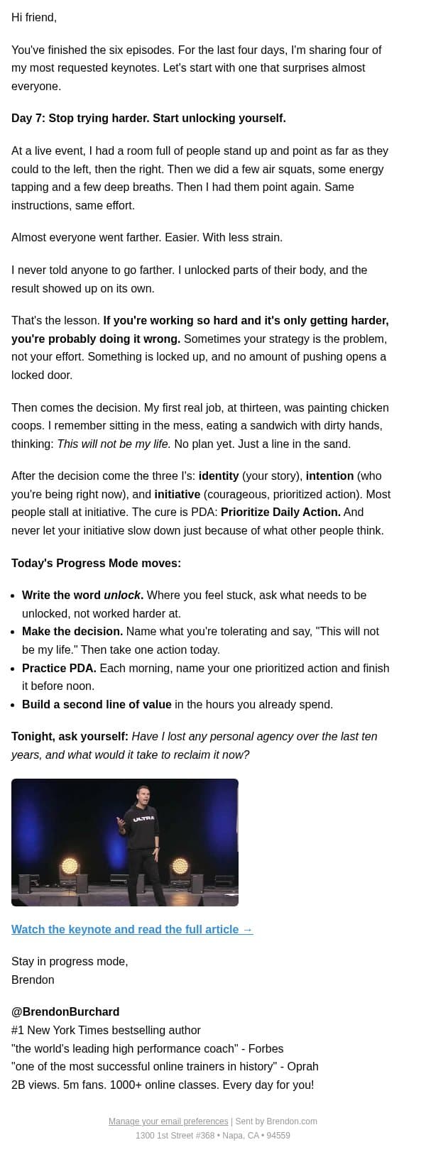Day 7: Stop trying harder email from Brendon Burchard screenshot