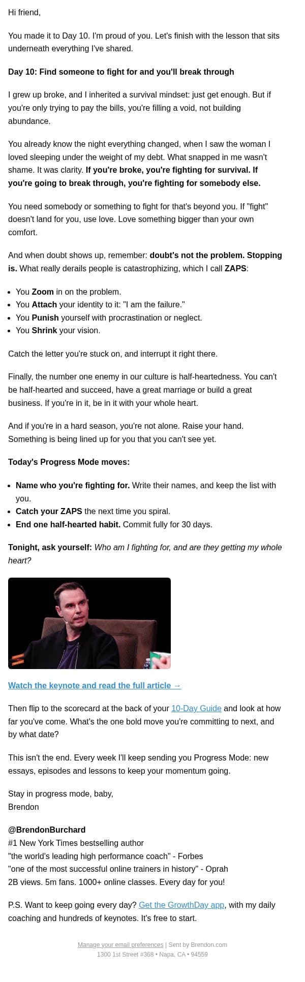 Day 10: Who are you fighting for? email from Brendon Burchard screenshot