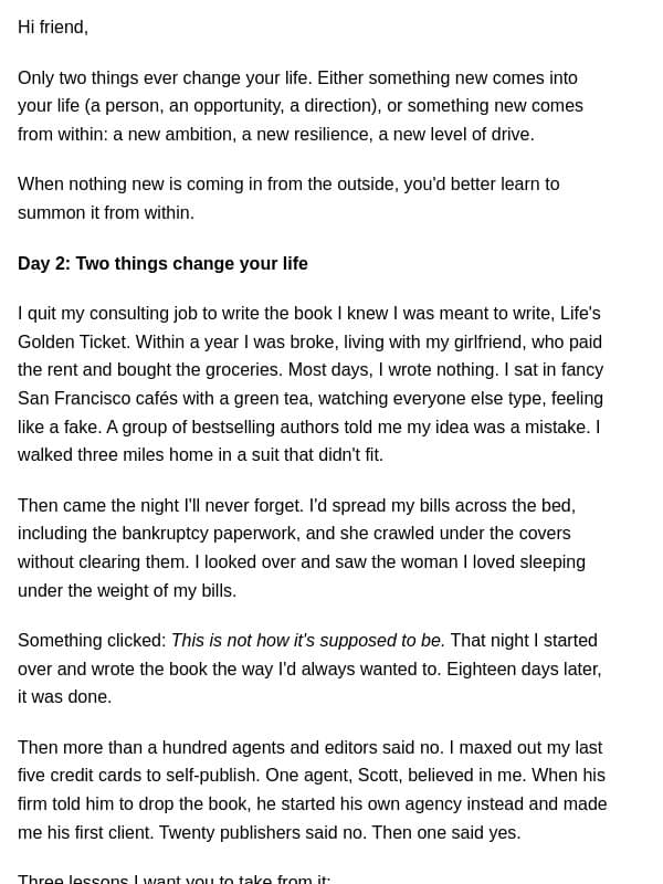 Day 2: The night she slept under my bills email from Brendon Burchard