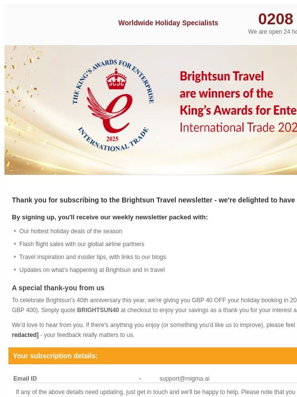 Welcome to Brightsun - Enjoy GBP 40 Off Your Next Holiday! email from Brightsun Travel