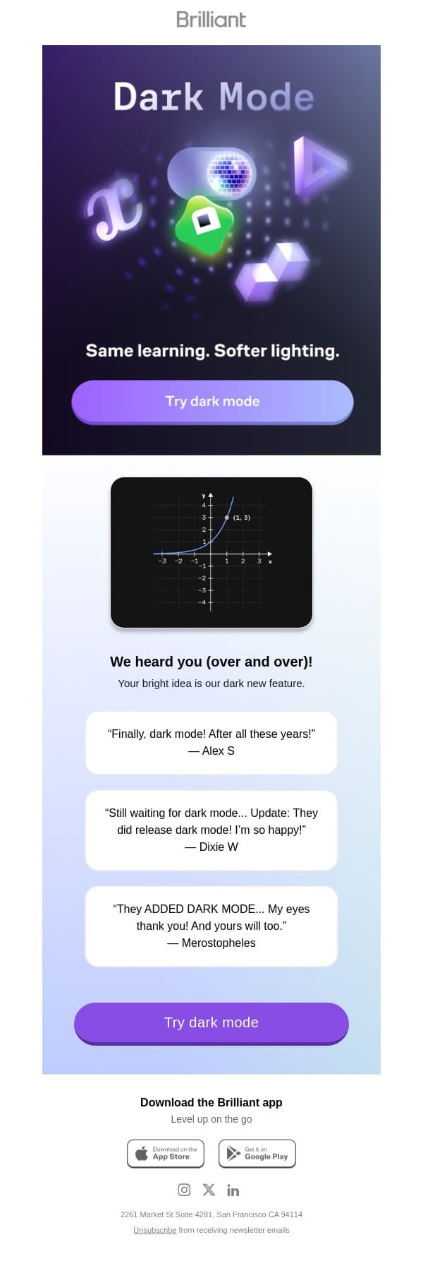 🖤 Dark mode is here, Adam email from Brilliant screenshot