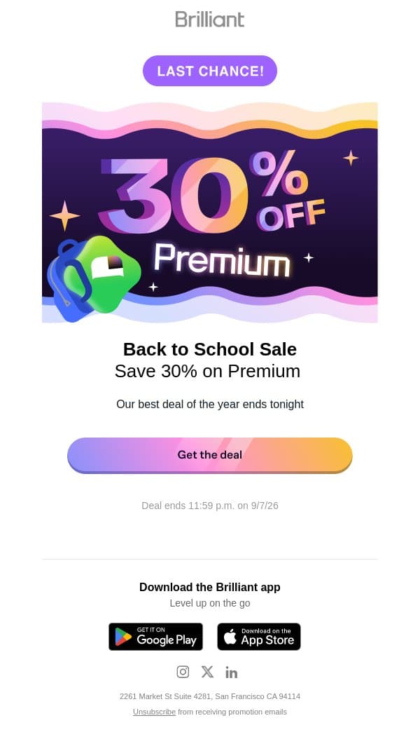 ⏰ Ends Tonight! Save 30% for Back to School email from Brilliant screenshot