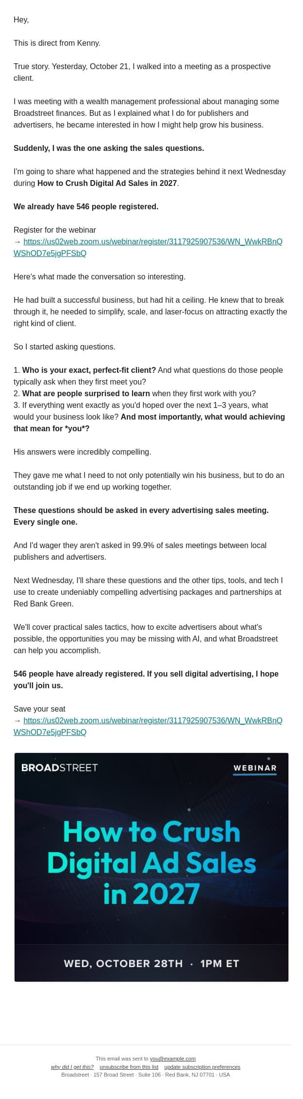 October 28th @ 1pm. Don't miss it email from Broadstreet Ads screenshot