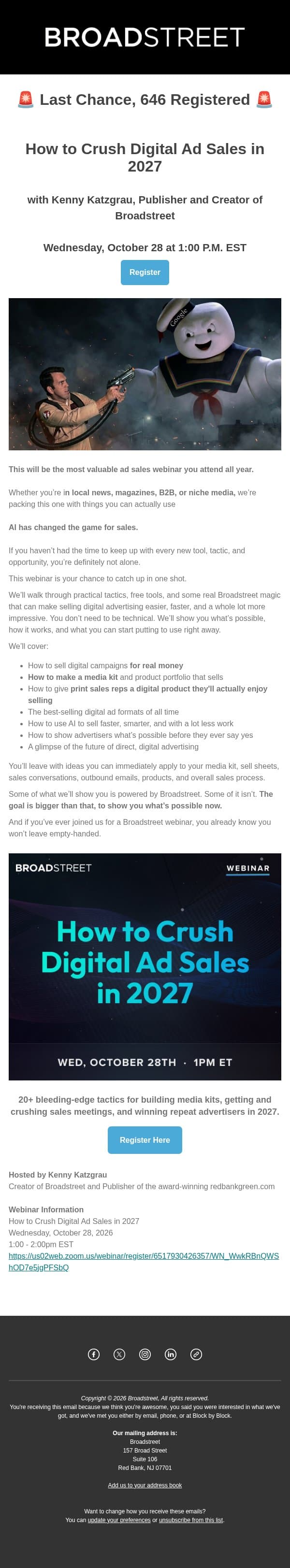 LAST CHANCE: CRUSH Digital Ad Sales in 2027 - Wednesday @ 1pm email from Broadstreet Ads screenshot