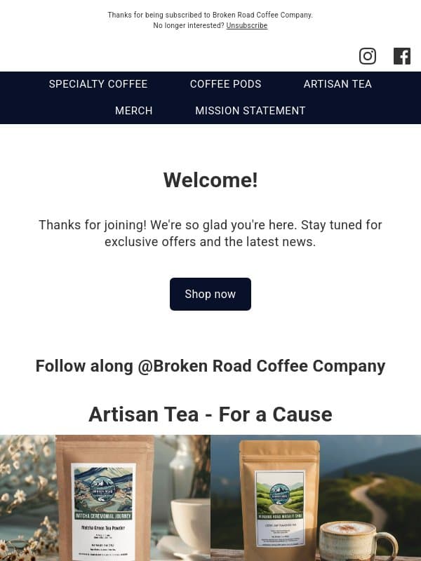 Welcome! email from Broken Road Coffee Company