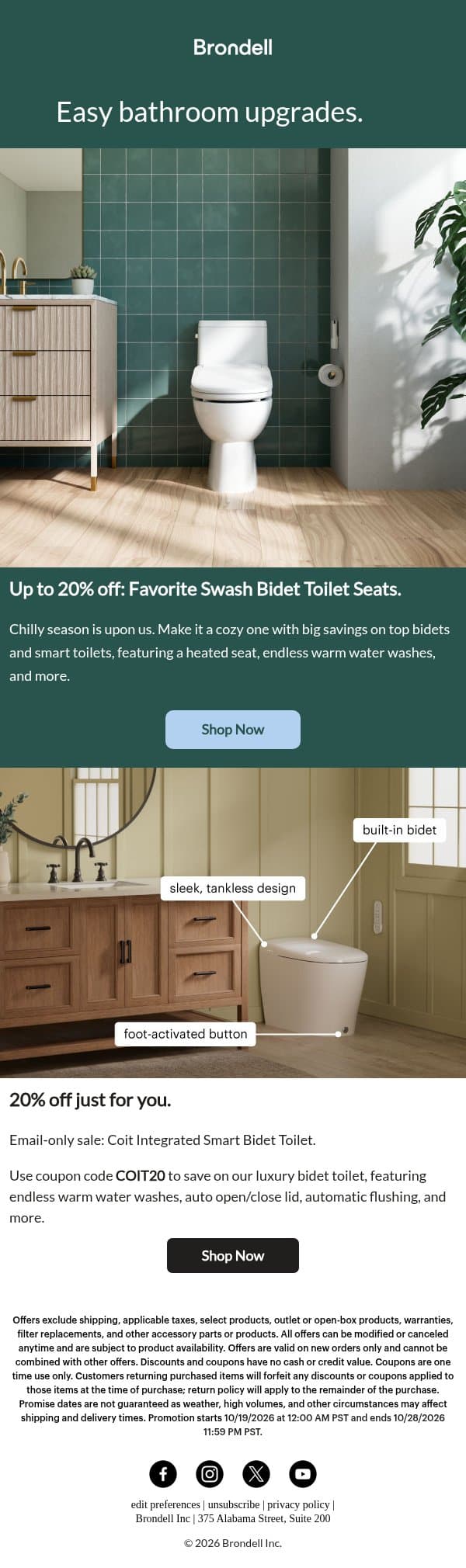 Up to 20% off Coit Smart Toilet & more! email from Brondell screenshot