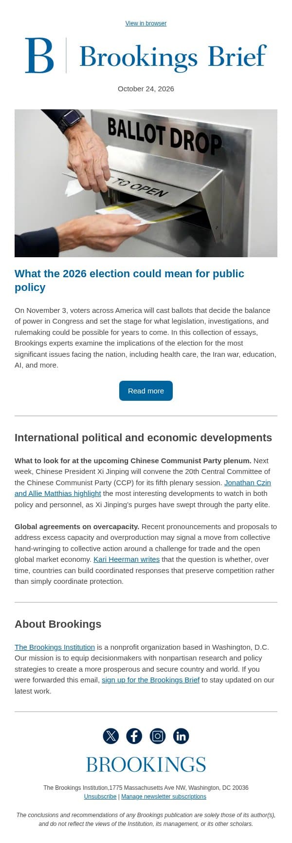 What the 2026 election could mean for public policy email from Brookings Institution screenshot