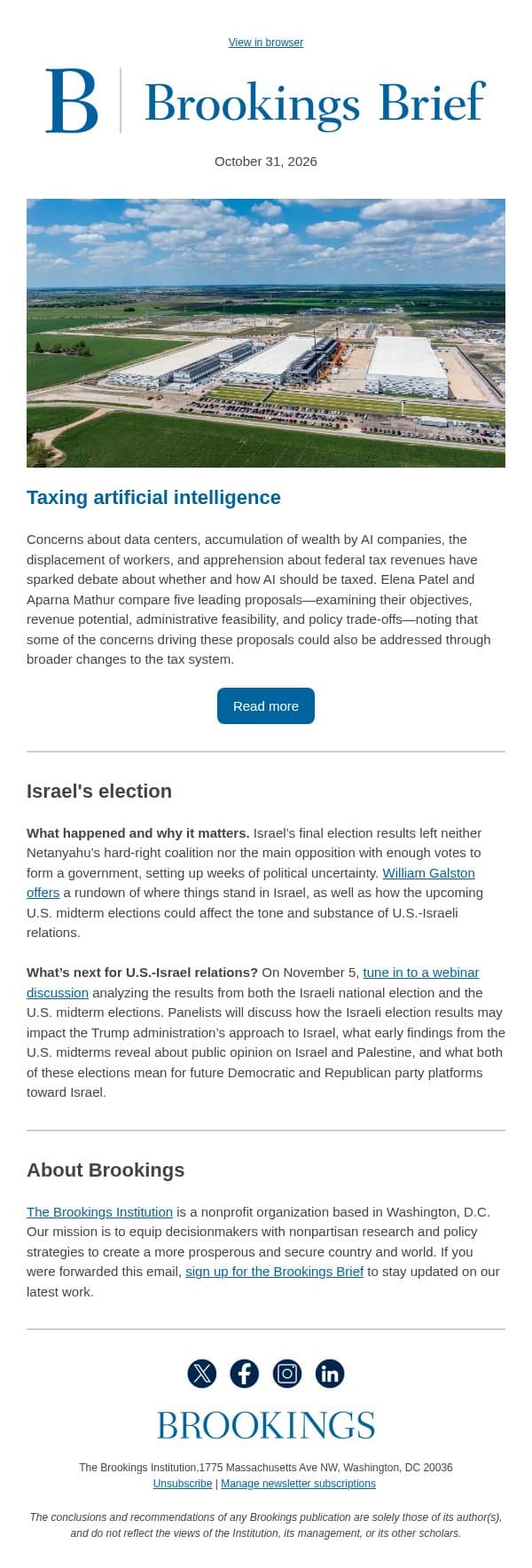 Should we tax AI? email from Brookings Institution screenshot
