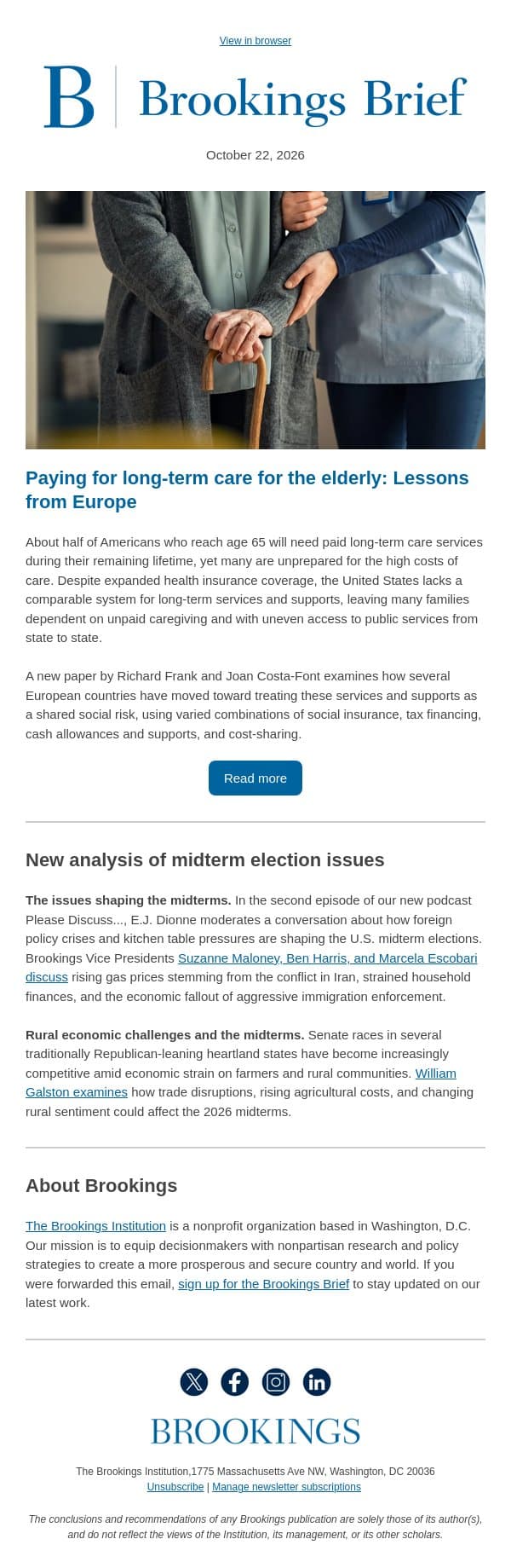What can Europe teach the US about paying for long-term care? email from Brookings Institution screenshot