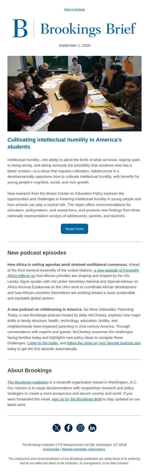 How schools can help students develop intellectual humility email from Brookings Institution screenshot