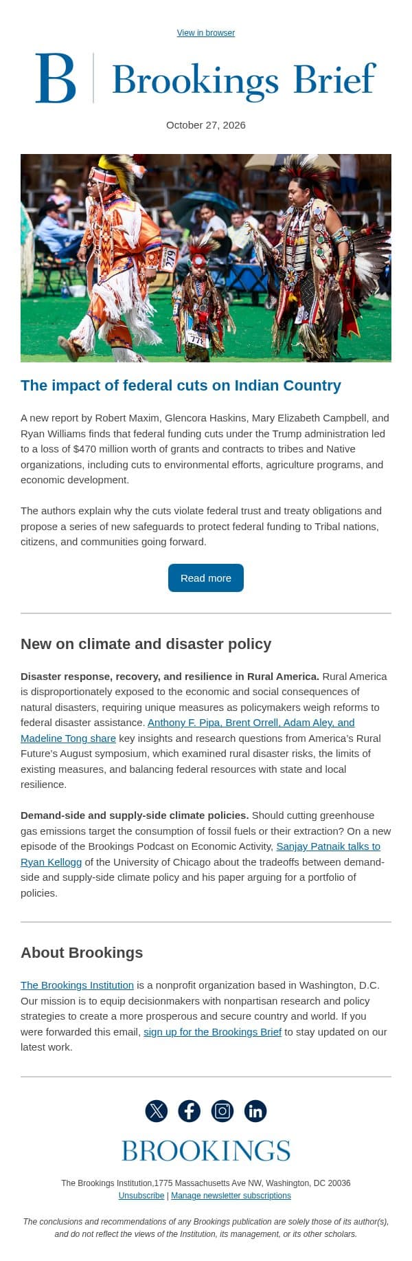 The impact of federal cuts on Indian Country email from Brookings Institution screenshot