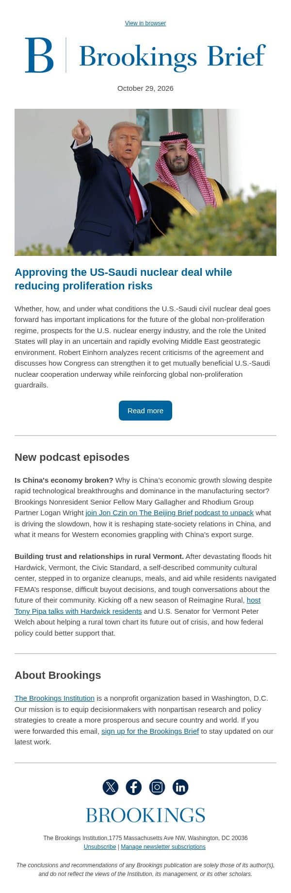 A path forward for the US-Saudi nuclear deal email from Brookings Institution screenshot