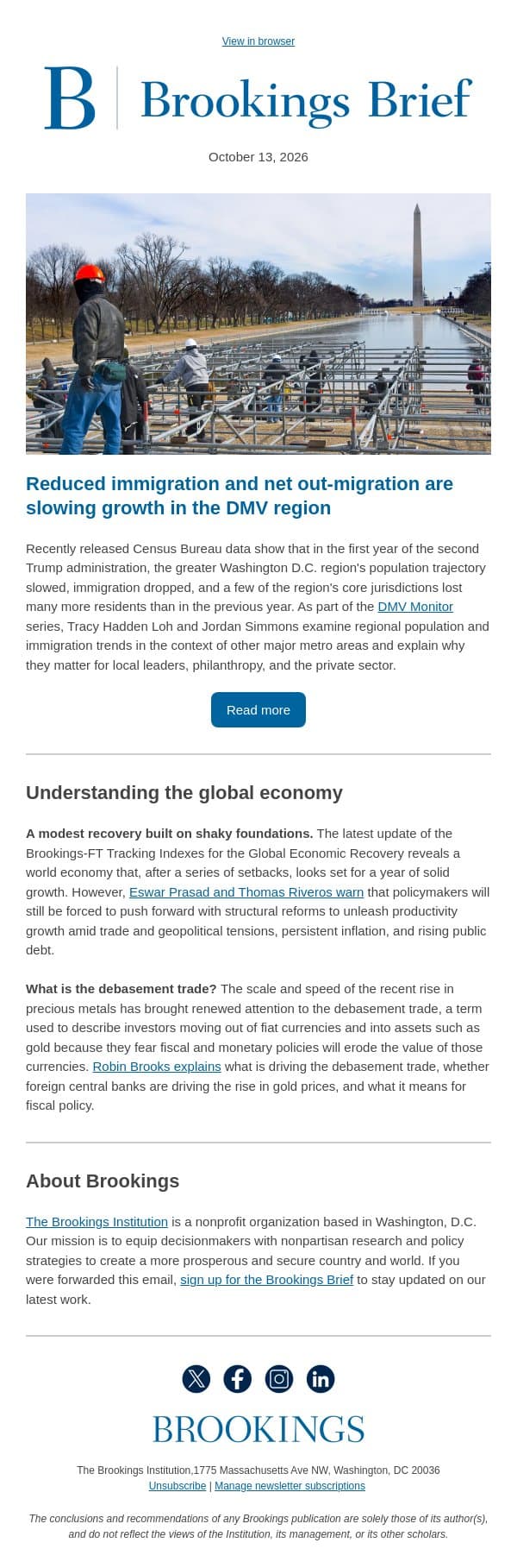 Reduced immigration and slow population growth in the DC region email from Brookings Institution screenshot