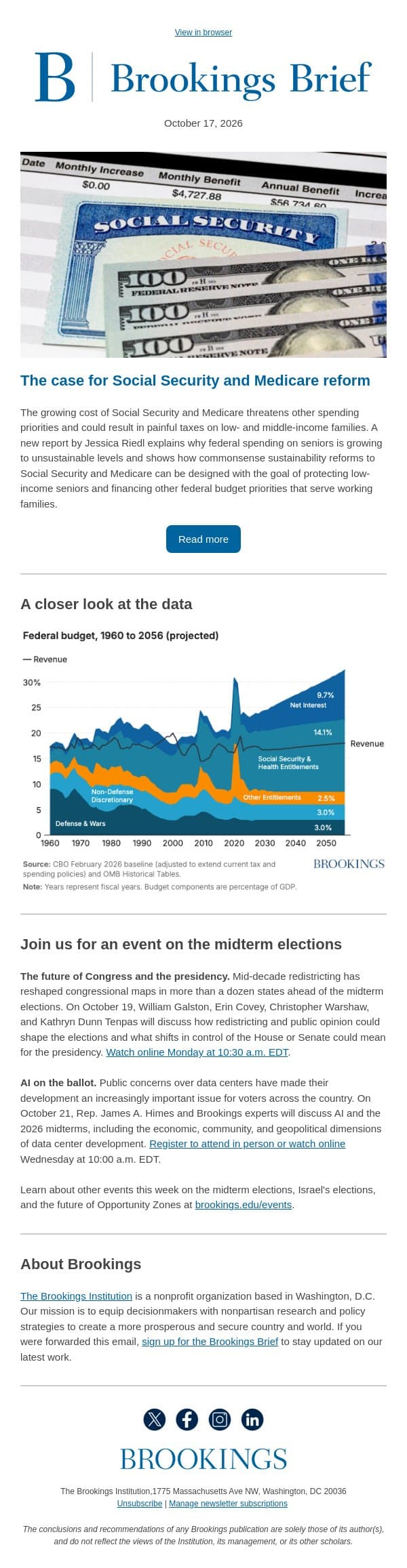 The case for Social Security and Medicare reform email from Brookings Institution screenshot
