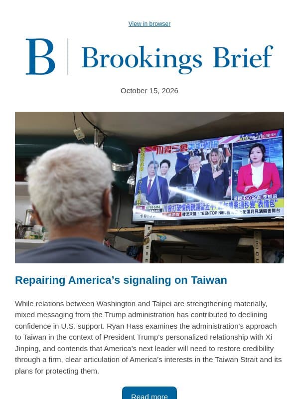 Improving America’s credibility in the Taiwan Strait email from Brookings Institution