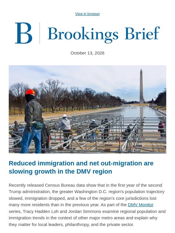 Reduced immigration and slow population growth in the DC region email from Brookings Institution