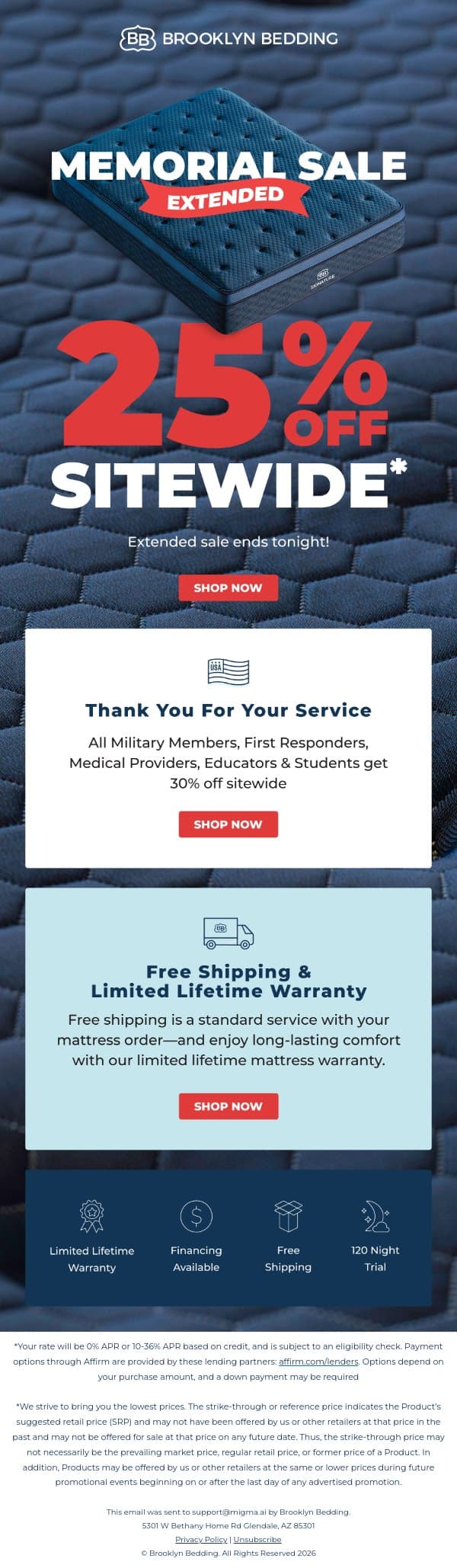 Extended Sale Ends Tonight π¨ email from Brooklyn Bedding screenshot